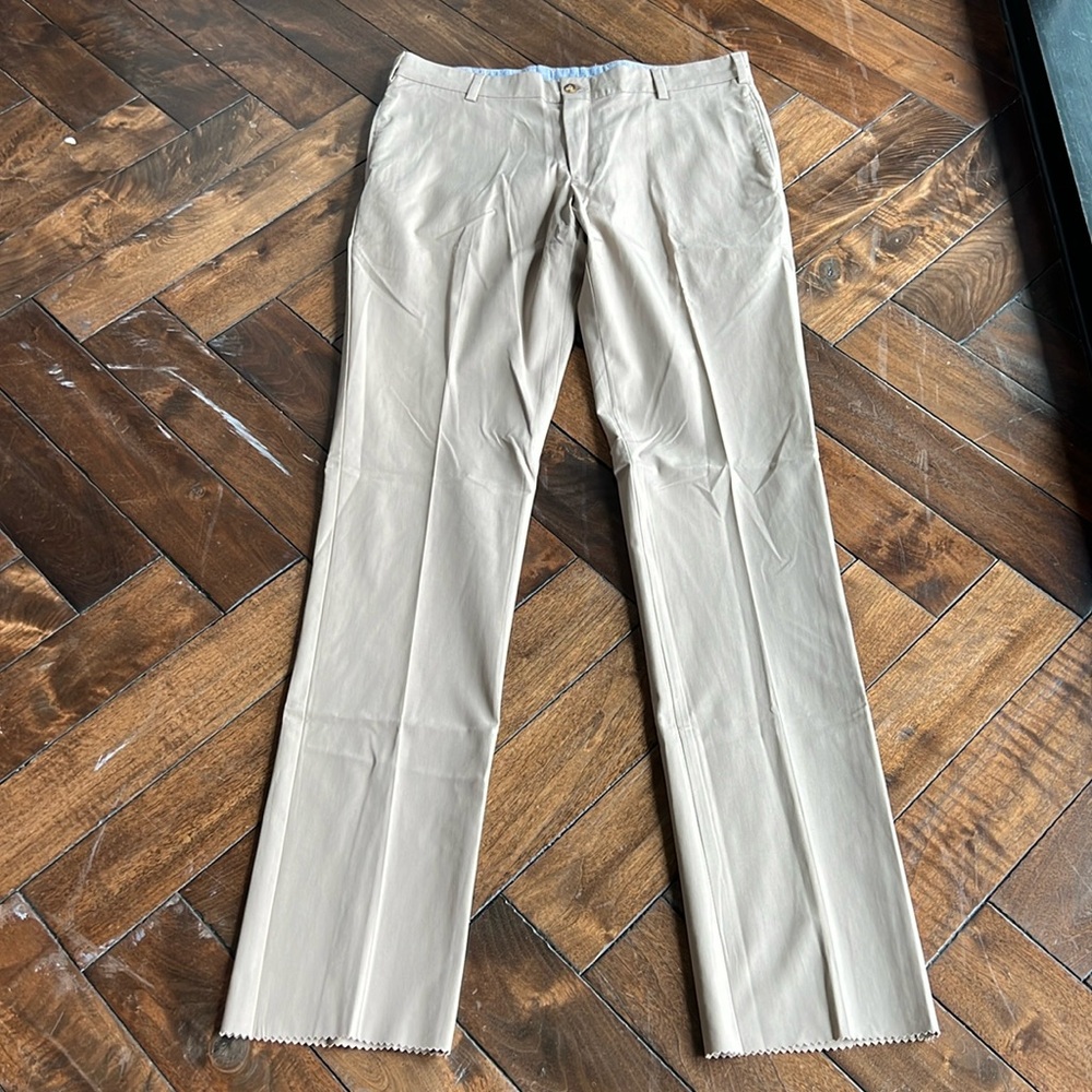 Frank’s pants made in USA size 38 Fawn trim fit plain front unhemmed trouser
